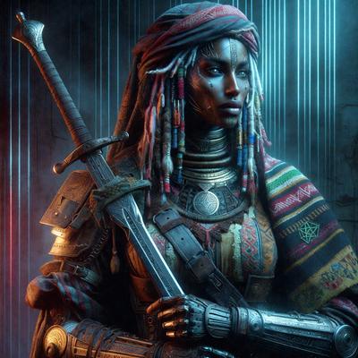 The primary subject of the image is a woman dressed in a colorful outfit, holding a sword. She is wearing a red head wrap and a gold necklace. The setting appears to be a dark room, possibly a dungeon or a fantasy-themed environment. The visual style of the image is digital art, with the woman being depicted as a character in a video game or a comic book. The colors and mood of the image are dark and dramatic, with the woman's outfit and the